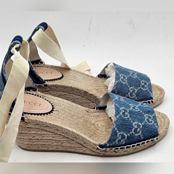 GUCCI Pilar GG Logo Blue Denim Pilar Espadrille Wedge Sandals size 37 7 NEW - Picture 4 of 11